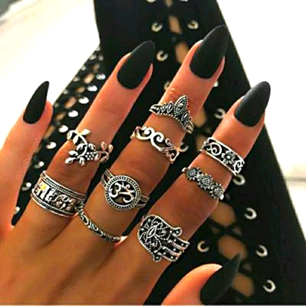 - Ohm hamza midi rings set 9ct boho silver r… - Picture 2 of 6